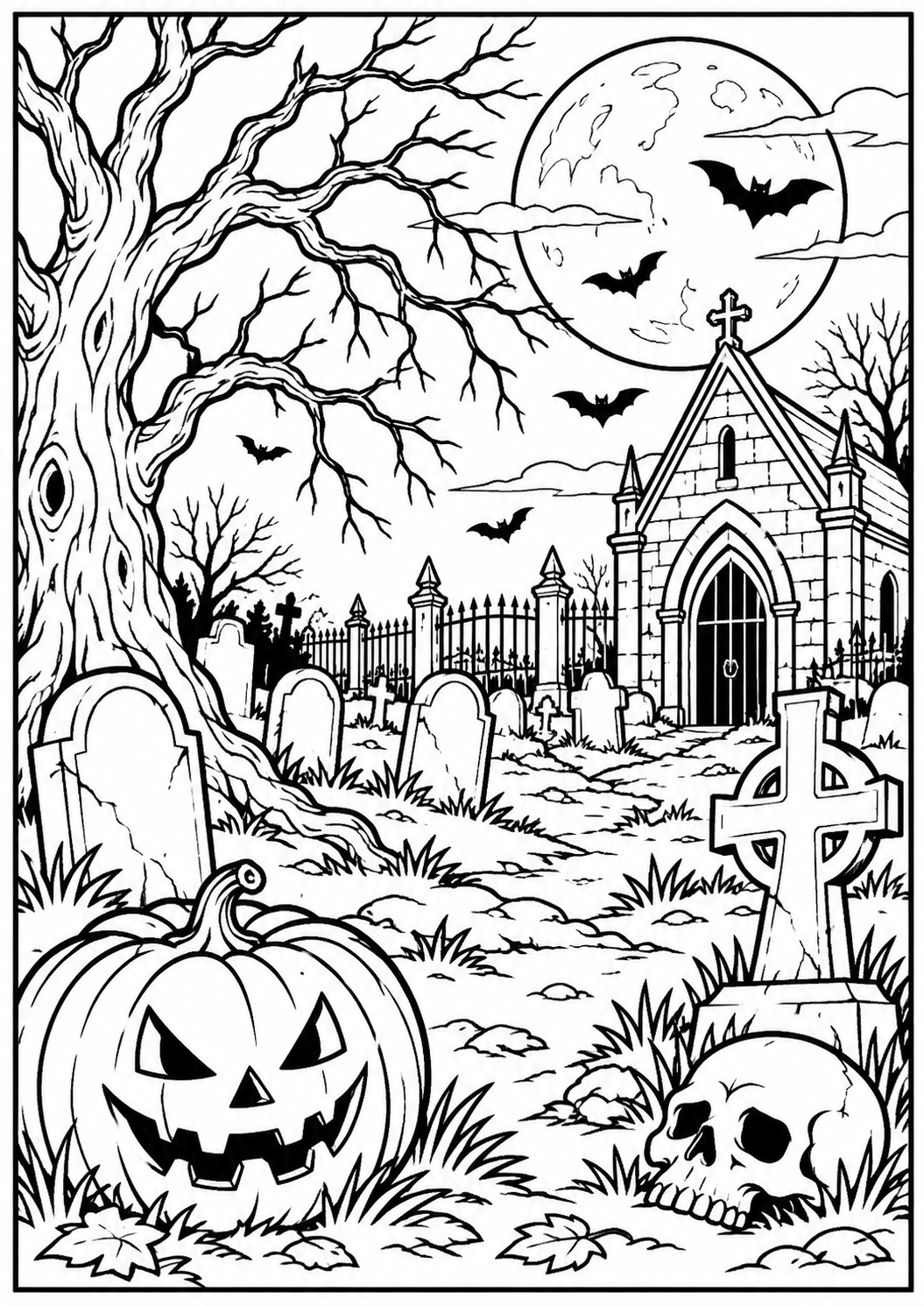 Haunted Graveyard Halloween Colouring Page (Free Printable)