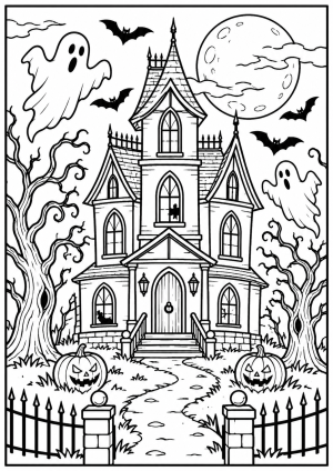 Spooky Halloween Haunted House Colouring Page