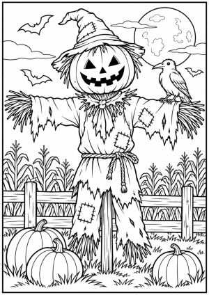 Halloween Scarecrow with Pumpkin Head – A Spooky Colouring Page!