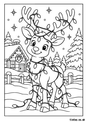 Reindeer Wrapped in Christmas Lights: A Festive Christmas Colouring Page