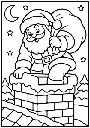 Santa Going Down the Chimney: A Festive Christmas Colouring Page