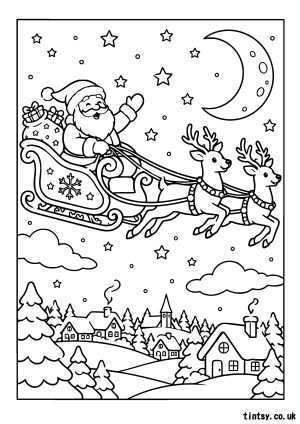 Santa Sleigh Christmas Colouring Page (Free Printable)