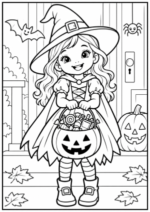 Little Witch Girl Holding Candy Halloween Colouring Page (Free Printable)