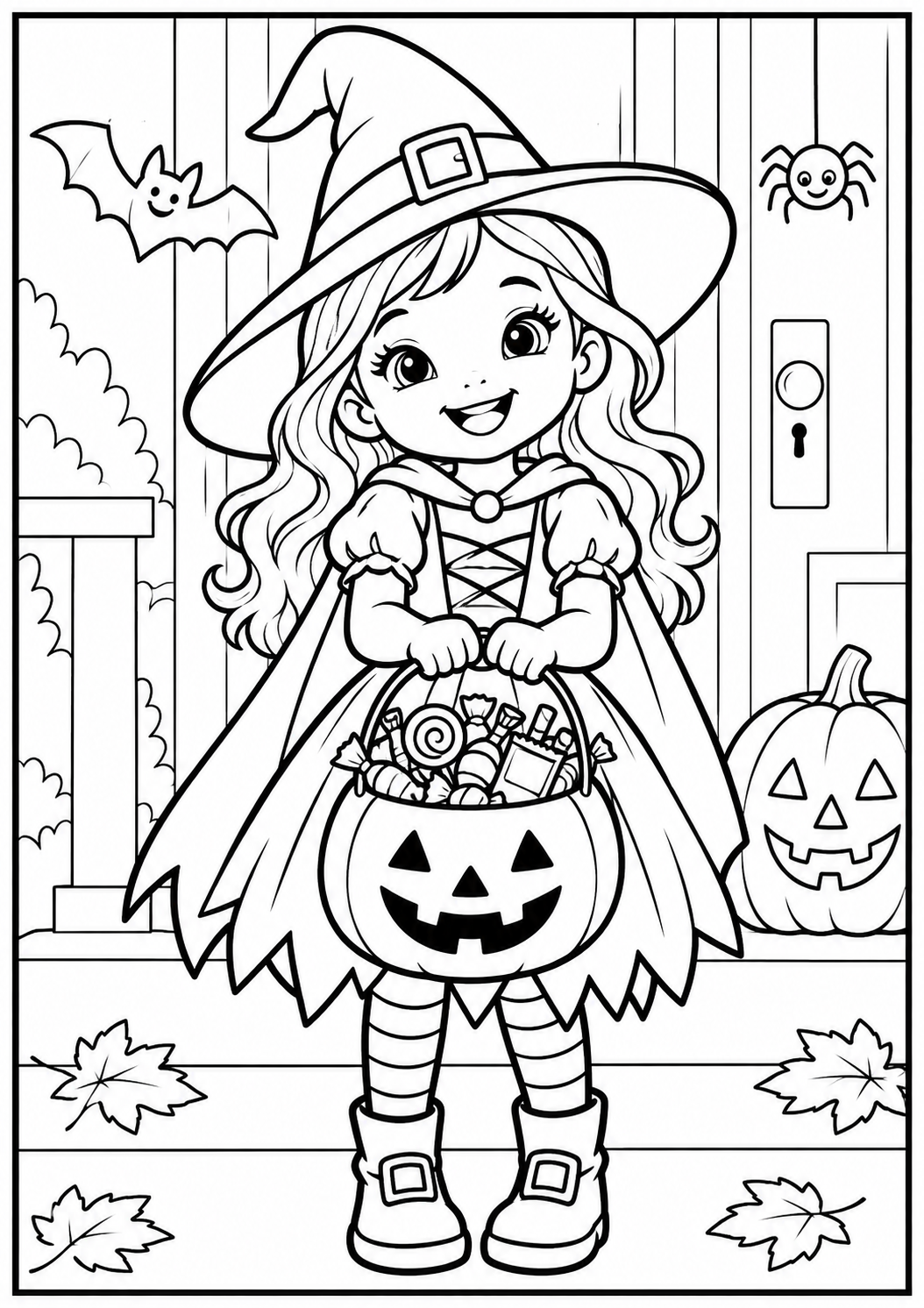 Little Witch Girl Holding Candy Halloween Colouring Page (Free Printable)