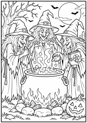 Three Halloween Witches Around a Cauldron – A Spooky Colouring Page