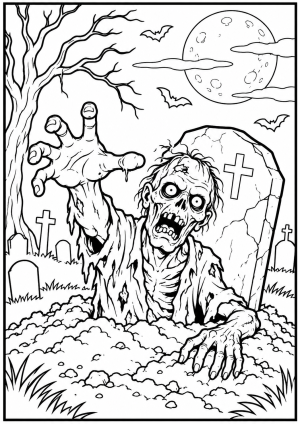 Halloween Zombie Rising from the Grave Colouring Page