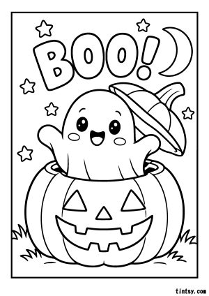 Boo Halloween Text Kawaii Ghost Colouring Page (Free Printable)