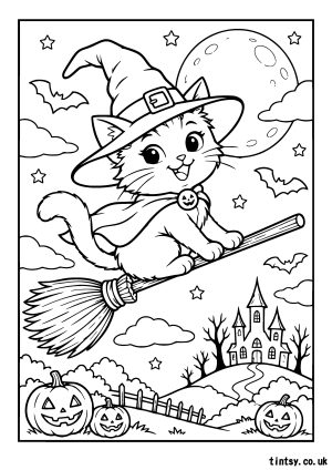 Witch Cat On Broom Halloween Colouring Page (Free Printable)
