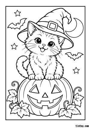 Cat Sat On Pumpkin Halloween Colouring Page (Free Printable)