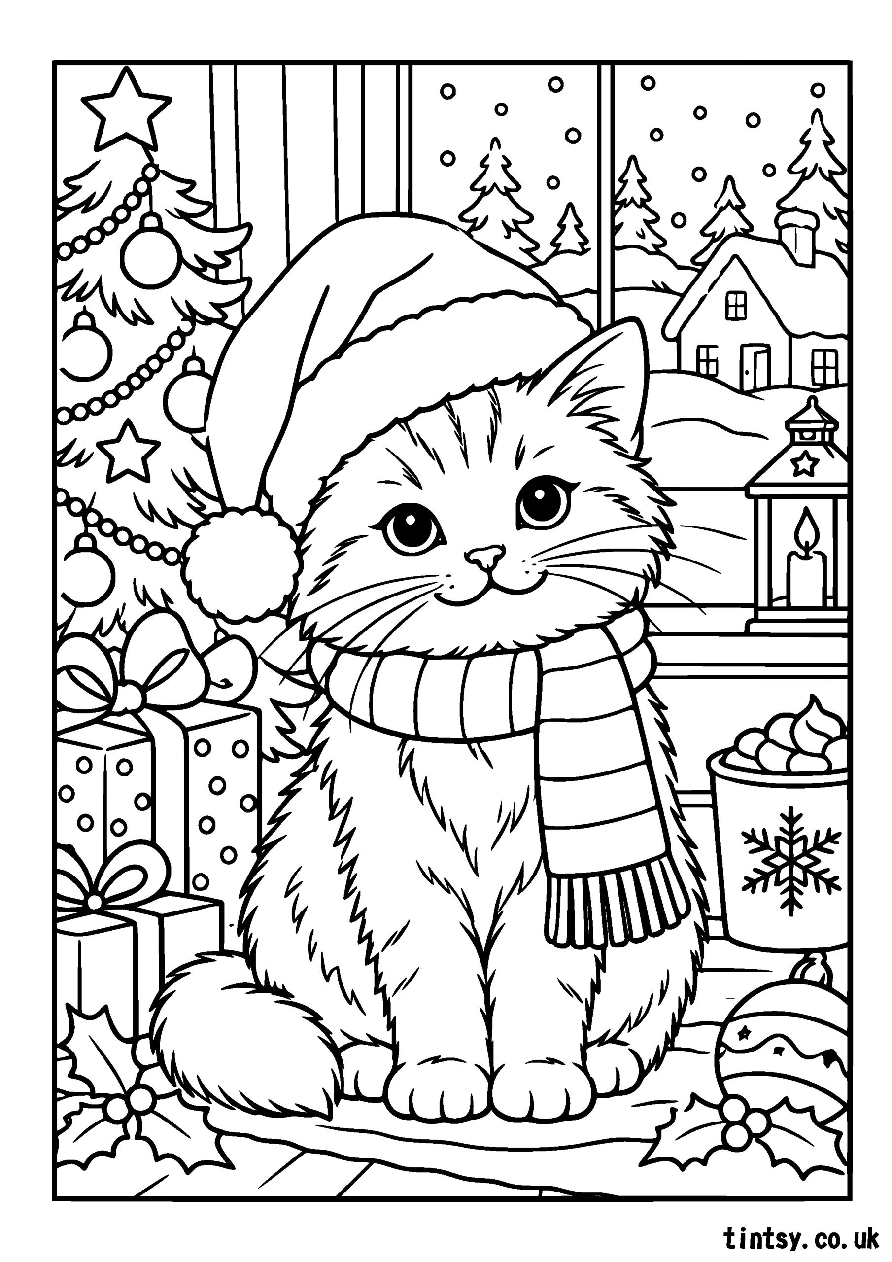 Free Christmas Cat Colouring Page Printable