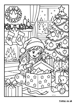 Christmas Magic: A Child Opening Christmas Presents Colouring Page