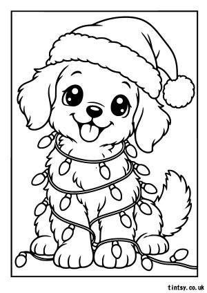Kawaii Christmas Puppy wrapped in lights Colouring Page: A Festive Holiday Treat