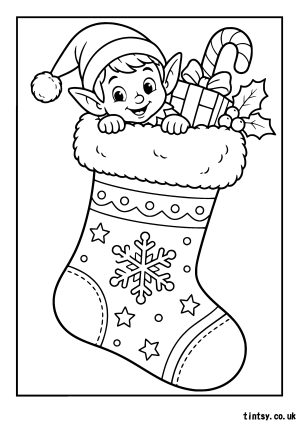 Christmas Stocking with a Peeking Elf – Free Christmas Colouring Page