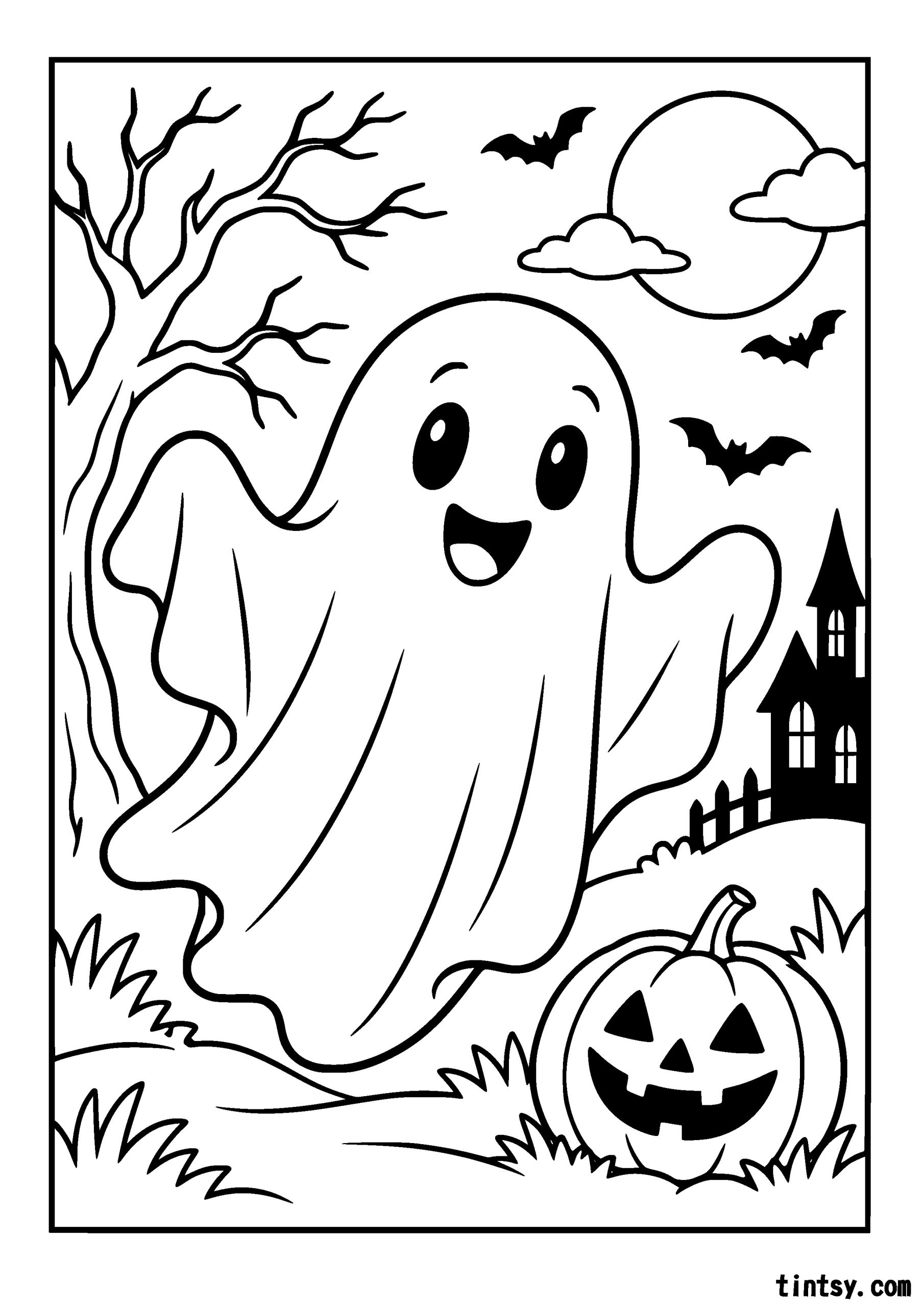 Download a cute Halloween ghost colouring page for kids! This free A4 printable features a friendly ghost, haunted house, bats, and a jack-o’-lantern.