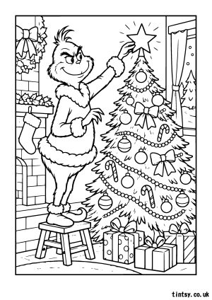 Enjoy a free Grinch Christmas tree colouring page featuring a smiling Grinch placing a star on the tree. Perfect for kids, Christmas crafts and A4 printing.