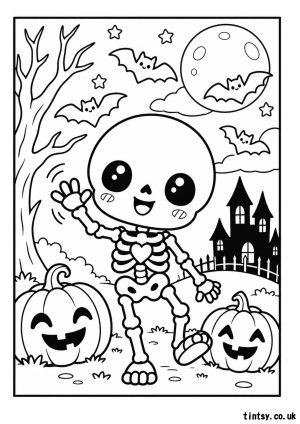 Kawaii Skeleton Halloween Colouring Page – Cute Spooky Fun!