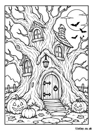 Haunted Tree House Halloween Colouring Page (Free Printable)