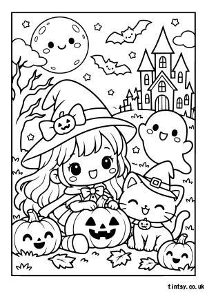 Kawaii Witch Halloween Themed Colouring Page (Free Printable)