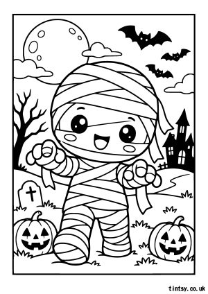 Kawaii Halloween Mummy Colouring Page – A Spooky Cute Adventure!