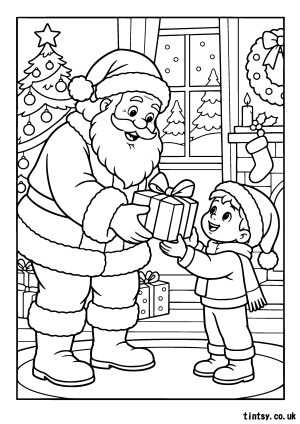 Santa Giving Presents Christmas Colouring Page (Free Printable)