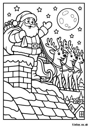 Santa on the Rooftop with Reindeer: A Magical Christmas Colouring Page