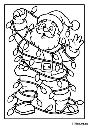 Santa Tangled in Christmas Lights: A Festive Christmas Colouring Page