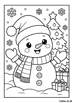 Kawaii Snowman Christmas Colouring Page (Free Printable)