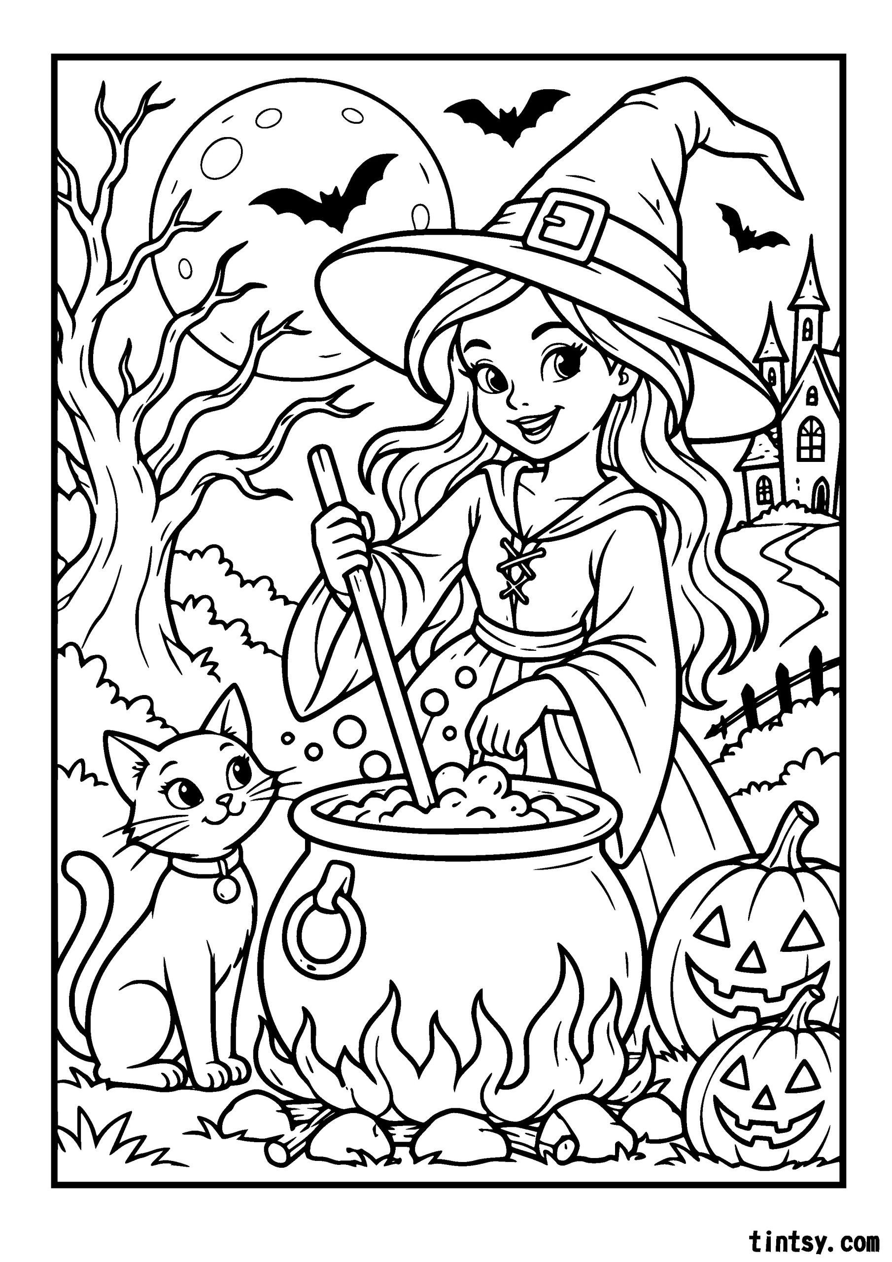 Download a free Halloween witch colouring page featuring a magical witch, bubbling cauldron, black cat and pumpkins. Perfect A4 printable fun for kids!