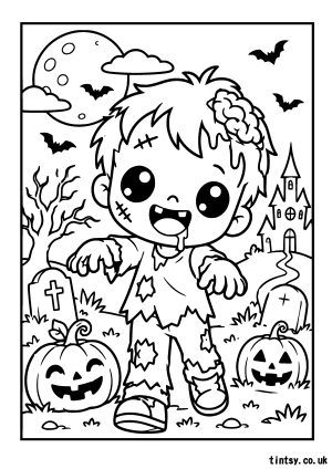 Kawaii Halloween Zombie Colouring Page – Cute, Spooky Fun for Kids!
